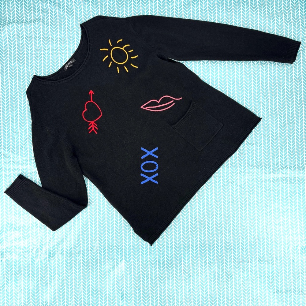 CHARLIE B Black Love Theme Embellished Long Sleeve Sweater, Large